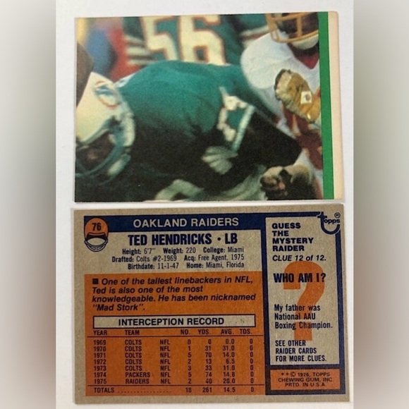 OAKLAND RAIDERSTed Hendricks, 2 Card Lot-1976 Topps #76 & 1983 Topps Sticker #16 - Picture 2 of 2